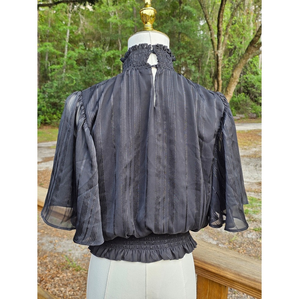 Shinestar Black Shimmer Striped Smocked High Neck Blouse Large Flutter Sleeve - Picture 5 of 8